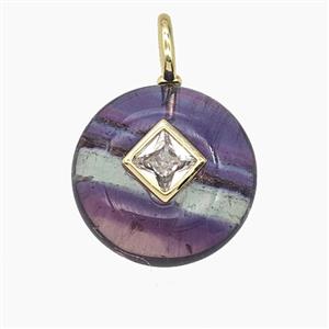 Natural Fluorite Coin Pendant Pave Zirconia, approx 16mm