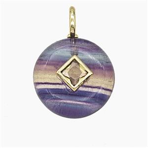 Natural Fluorite Coin Pendant Pave Zirconia, approx 16mm