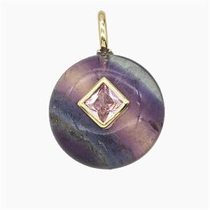Natural Fluorite Coin Pendant Pave Zirconia, approx 16mm