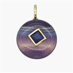 Natural Fluorite Coin Pendant Pave Zirconia, approx 16mm