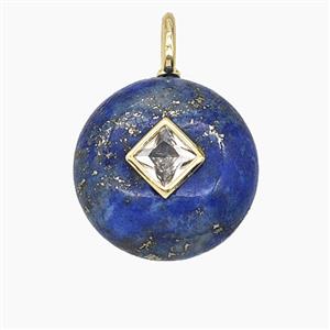 Natural Blue Lapis Lazuli Coin Pendant Pave Zirconia, approx 16mm