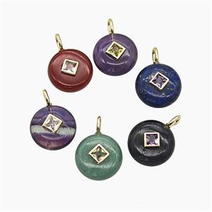 Natural Gemstone Coin Pendant Pave Zirconia Circle Mix, approx 16mm