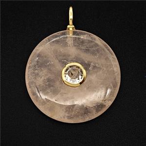 Natural Pink Rose Quartz Coin Pendant Pave Zirconia, approx 25mm