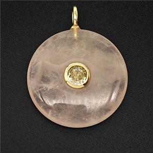Natural Pink Rose Quartz Coin Pendant Pave Zirconia, approx 25mm