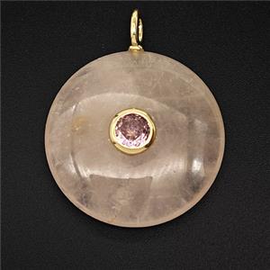 Natural Pink Rose Quartz Coin Pendant Pave Zirconia, approx 25mm