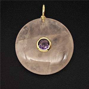 Natural Pink Rose Quartz Coin Pendant Pave Zirconia, approx 25mm