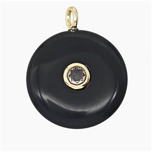 Natural Black Obsidian Coin Pendant Pave Zirconia, approx 25mm