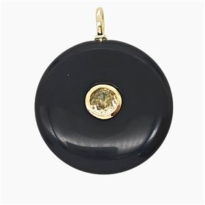 Natural Black Obsidian Coin Pendant Pave Zirconia, approx 25mm