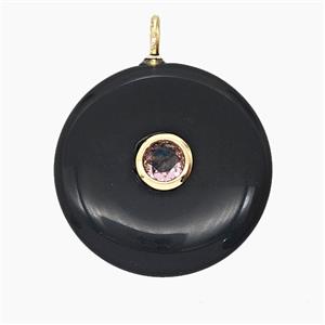 Natural Black Obsidian Coin Pendant Pave Zirconia, approx 25mm