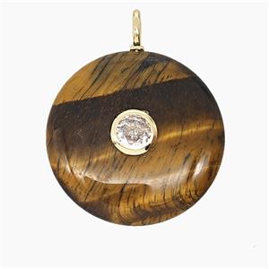 Natural Tiger Eye Stone Coin Pendant Pave Zirconia, approx 25mm