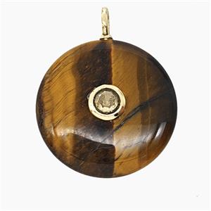 Natural Tiger Eye Stone Coin Pendant Pave Zirconia, approx 25mm