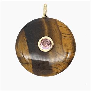 Natural Tiger Eye Stone Coin Pendant Pave Zirconia, approx 25mm