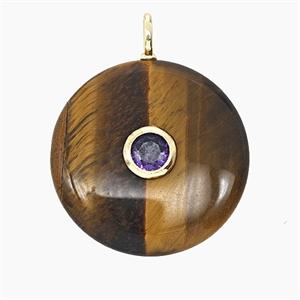 Natural Tiger Eye Stone Coin Pendant Pave Zirconia, approx 25mm