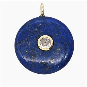 Natural Blue Lapis Lazuli Coin Pendant Pave Zirconia, approx 25mm