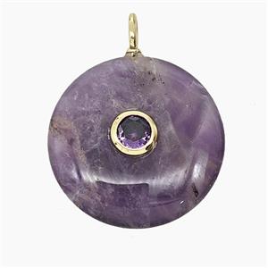 Natural Purple Amethyst Coin Pendant Pave Zirconia, approx 25mm