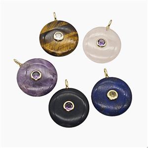Natural Gemstone Coin Pendant Pave Zirconia Mix, approx 25mm