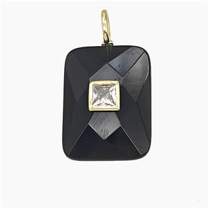 Natural Black Obsidian Rectangle Pendant Pave Zirconia Faceted, approx 15-20mm