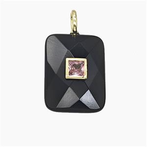 Natural Black Obsidian Rectangle Pendant Pave Zirconia Faceted, approx 15-20mm
