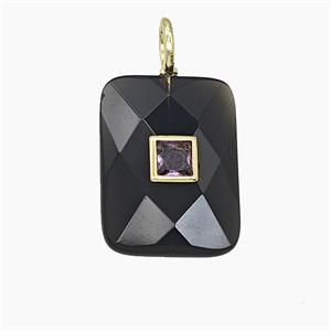 Natural Black Obsidian Rectangle Pendant Pave Zirconia Faceted, approx 15-20mm