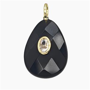 Natural Black Obsidian Teardrop Pendant Pave Zirconia Faceted, approx 18-25mm