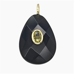 Natural Black Obsidian Teardrop Pendant Pave Zirconia Faceted, approx 18-25mm