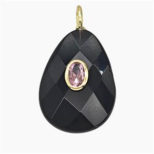 Natural Black Obsidian Teardrop Pendant Pave Zirconia Faceted, approx 18-25mm