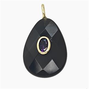 Natural Black Obsidian Teardrop Pendant Pave Zirconia Faceted, approx 18-25mm