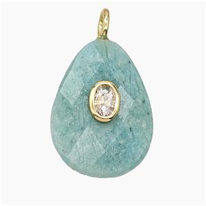 Natural Green Amazonite Teardrop Pendant Pave Zirconia Faceted, approx 18-25mm
