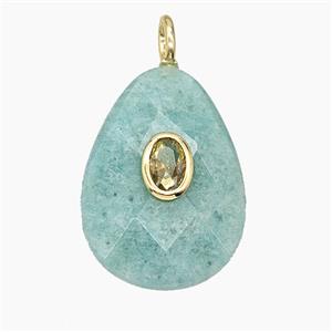 Natural Green Amazonite Teardrop Pendant Pave Zirconia Faceted, approx 18-25mm