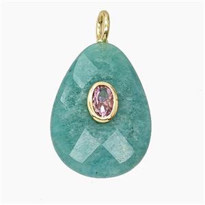 Natural Green Amazonite Teardrop Pendant Pave Zirconia Faceted, approx 18-25mm