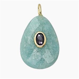 Natural Green Amazonite Teardrop Pendant Pave Zirconia Faceted, approx 18-25mm