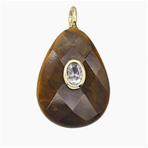 Natural Tiger Eye Stone Teardrop Pendant Pave Zirconia Faceted, approx 18-25mm