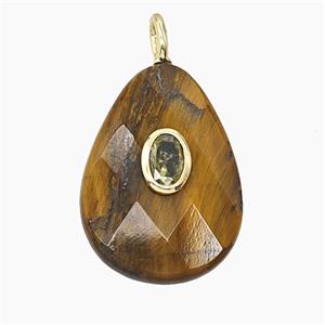 Natural Tiger Eye Stone Teardrop Pendant Pave Zirconia Faceted, approx 18-25mm