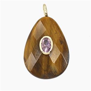 Natural Tiger Eye Stone Teardrop Pendant Pave Zirconia Faceted, approx 18-25mm
