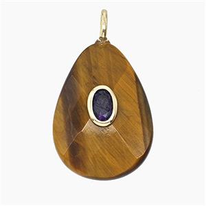 Natural Tiger Eye Stone Teardrop Pendant Pave Zirconia Faceted, approx 18-25mm
