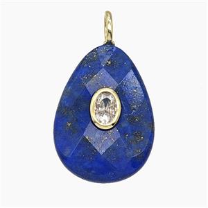 Natural Blue Lapis Lazuli Teardrop Pendant Pave Zirconia Faceted, approx 18-25mm