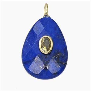 Natural Blue Lapis Lazuli Teardrop Pendant Pave Zirconia Faceted, approx 18-25mm