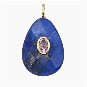 Natural Blue Lapis Lazuli Teardrop Pendant Pave Zirconia Faceted, approx 18-25mm
