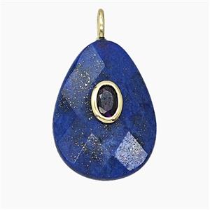 Natural Blue Lapis Lazuli Teardrop Pendant Pave Zirconia Faceted, approx 18-25mm