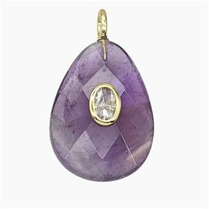 Natural Purple Amethyst Teardrop Pendant Pave Zirconia Faceted, approx 18-25mm