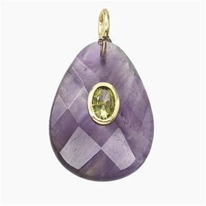Natural Purple Amethyst Teardrop Pendant Pave Zirconia Faceted, approx 18-25mm