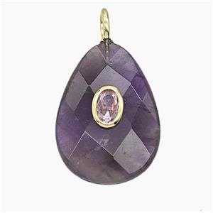 Natural Purple Amethyst Teardrop Pendant Pave Zirconia Faceted, approx 18-25mm