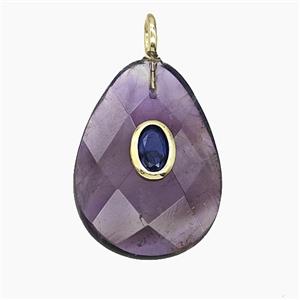 Natural Purple Amethyst Teardrop Pendant Pave Zirconia Faceted, approx 18-25mm