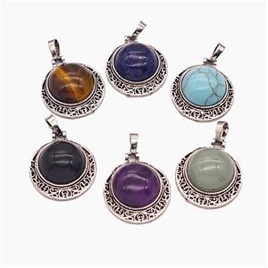 Gemstone Pendant, Antique Silver Plated, approx 22mm