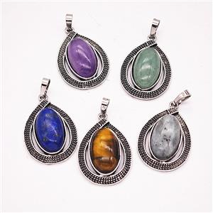 Gemstone Pendant, Antique Silver Plated, approx 20-27mm