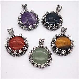 Gemstone Pendant, Antique Silver Plated, approx 35mm