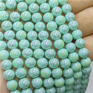 Green Jadeite Glass Beads Smooth Round Electroplated, approx 8mm