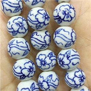 Porcelain Round Beads Blue Flower, approx 14mm, 27pcs per st