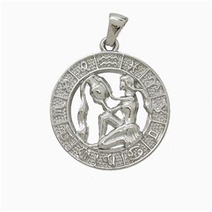 Raw Stainless Steel Symbols Pendant Zodiac Aquarius Circle, approx 25mm