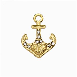 Stainless Steel Anchor Pendant Pave Rhinestone Gold Plated, approx 14-15mm